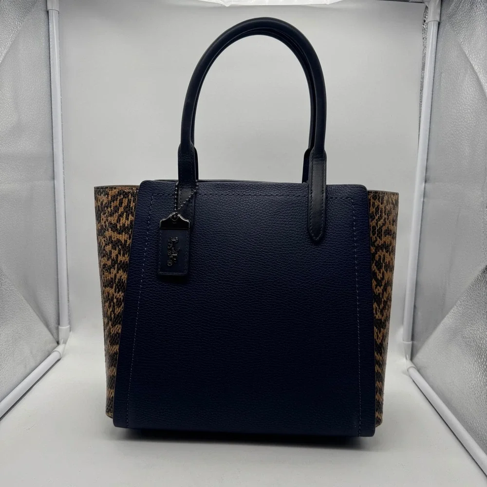Coach Troupe Navy Blue and Leopard Print Leather Tote Bag Handbag Satchel Purse‎